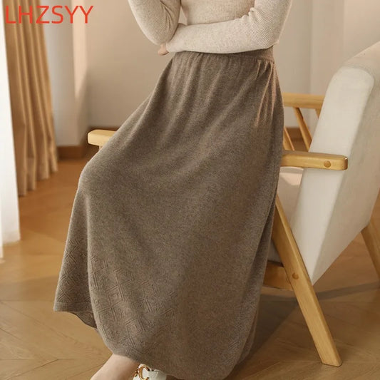LHZSYY 100% Pure Wool Skirt Ladies Autumn Winter Loose Long High Waisted A-Line Cashmere Skirts Knitted Versatile Bag Hip Skirts